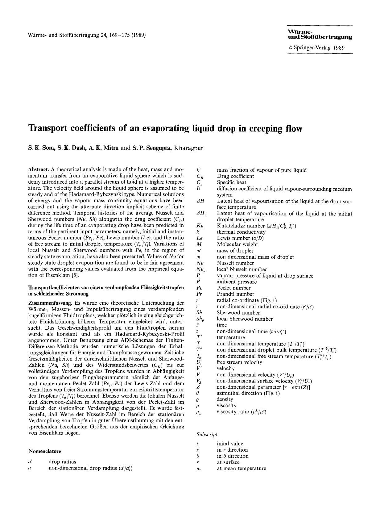 Transport coefficients of an evaporating liquid drop in creeping flow by Unknown