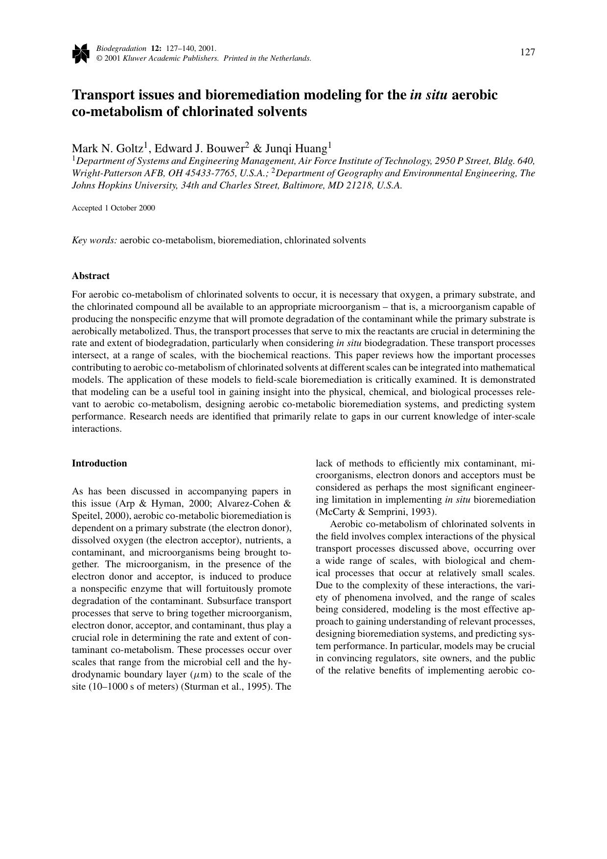 Transport issues and bioremediation modeling for the in situ aerobic co-metabolism of chlorinated solvents by Unknown