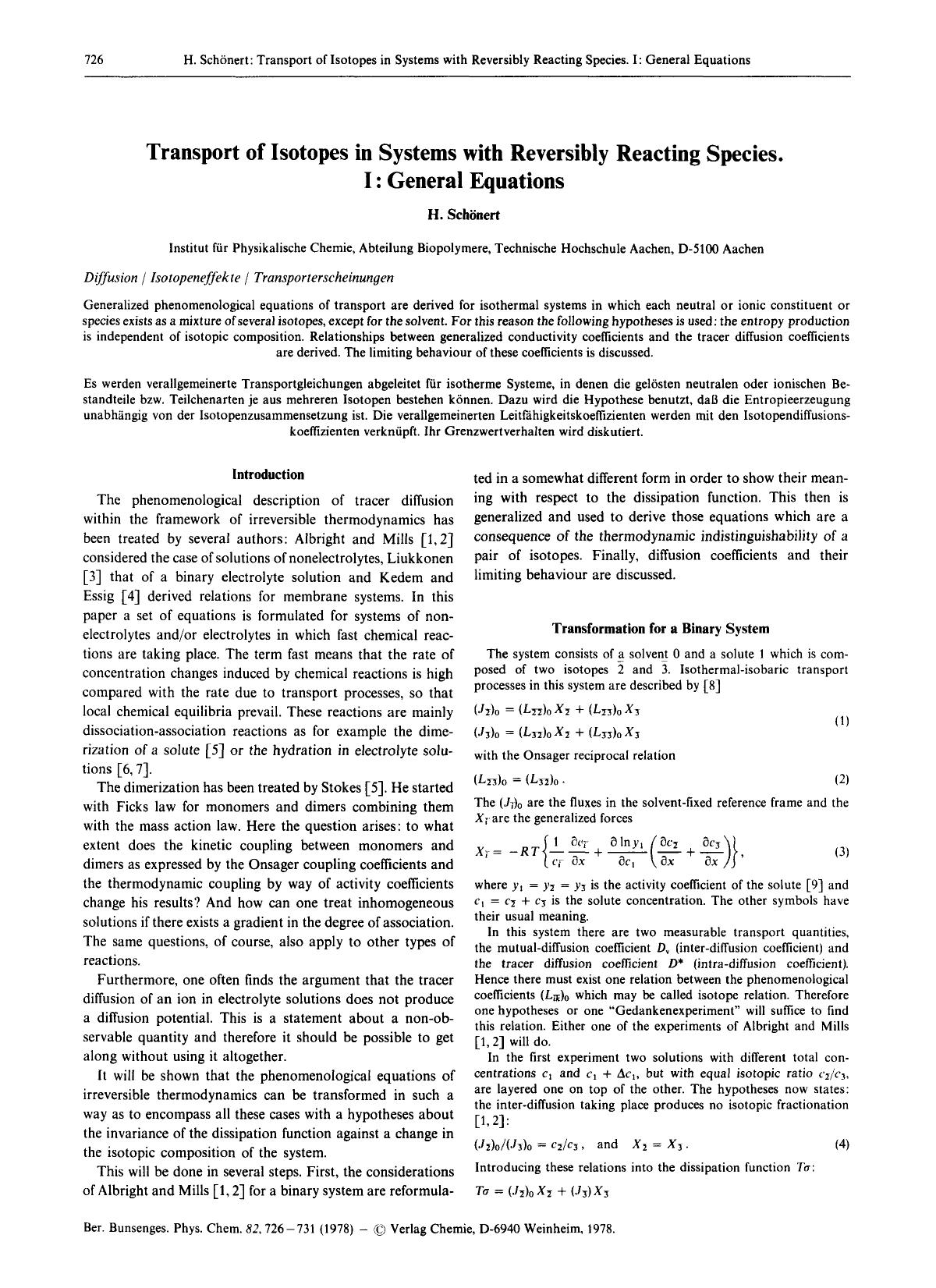 Transport of Isotopes in Systems with Reversibly Reacting Species. I: General Equations by Unknown