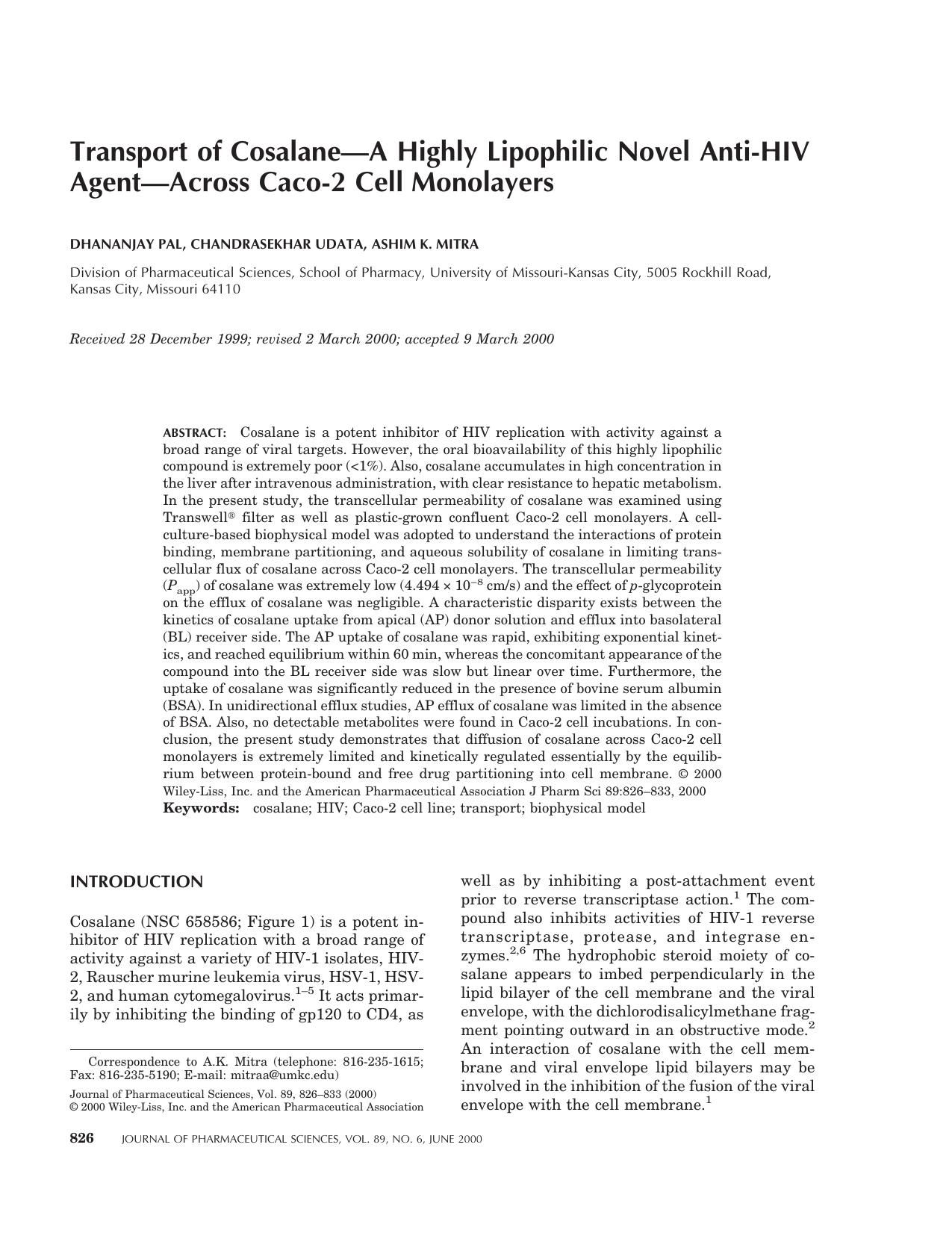Transport of cosalane - a highly lipophilic novel anti-HIV agent - across Caco-2 cell monolayers by Unknown