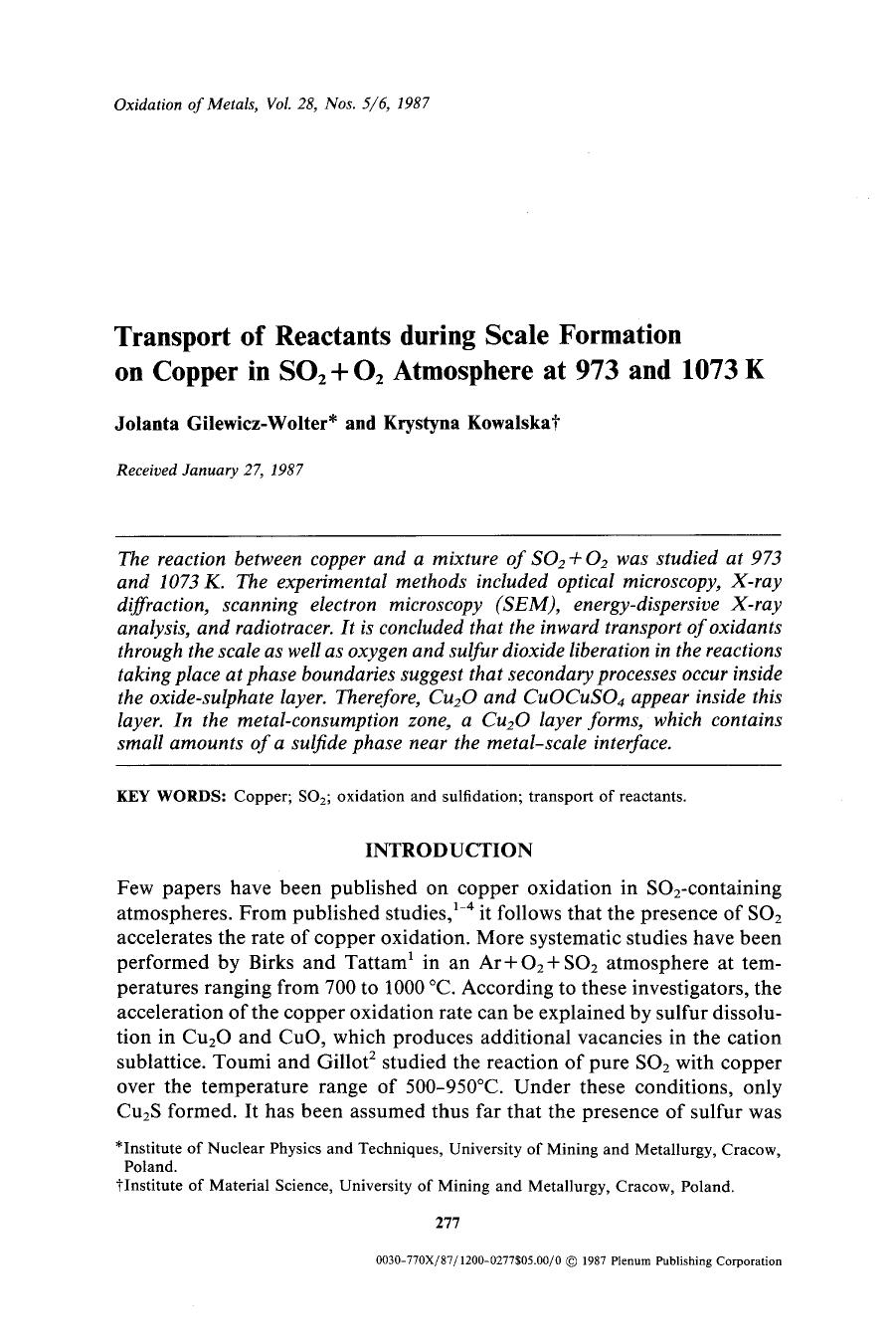 Transport of reactants during scale formation on copper in SO <Subscript>2 <Subscript>&#x002B;O <Subscript>2 <Subscript> atmosphere at 973 and 1073 K by Unknown