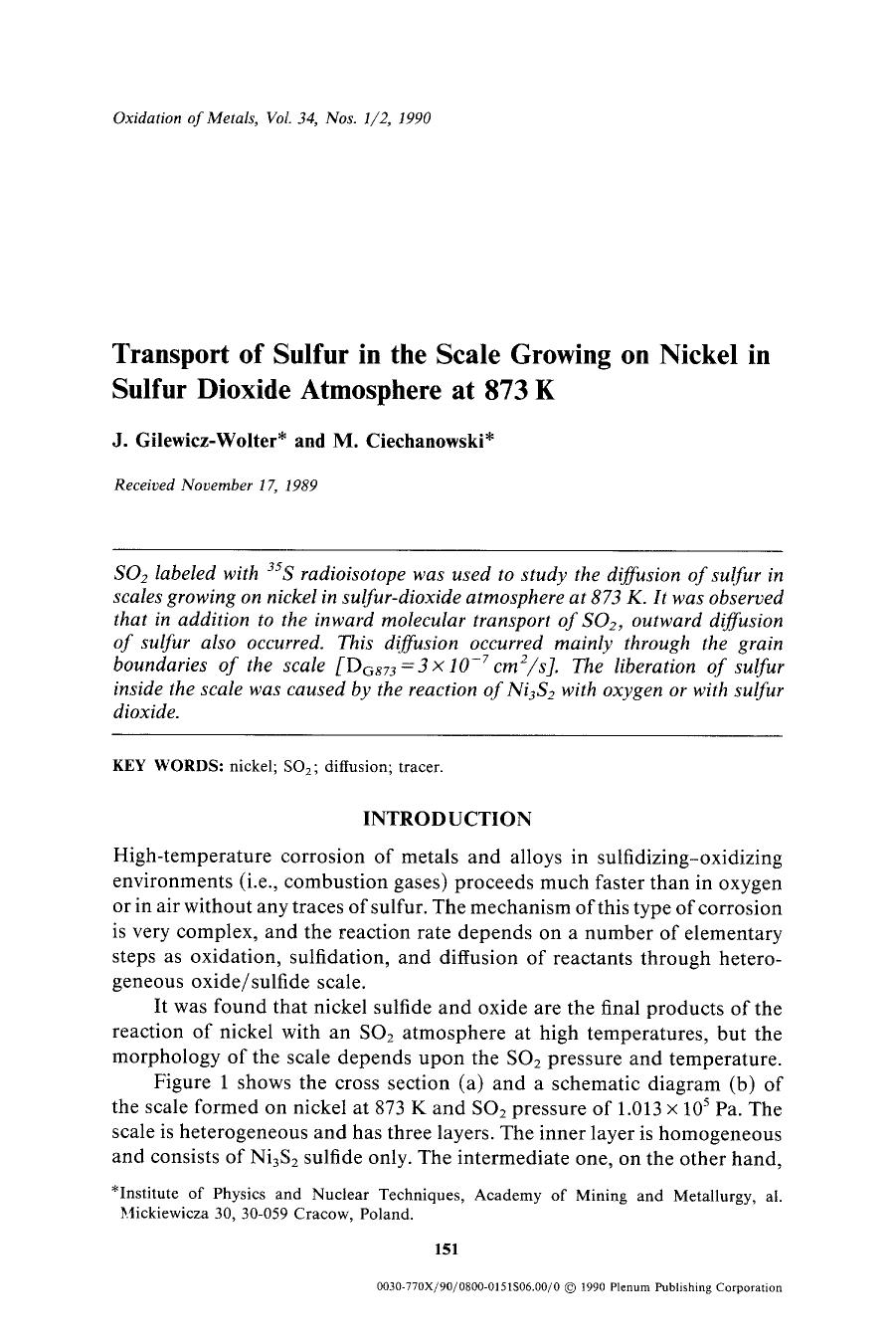 Transport of sulfur in the scale growing on nickel in sulfur dioxide atmosphere at 873 K by Unknown