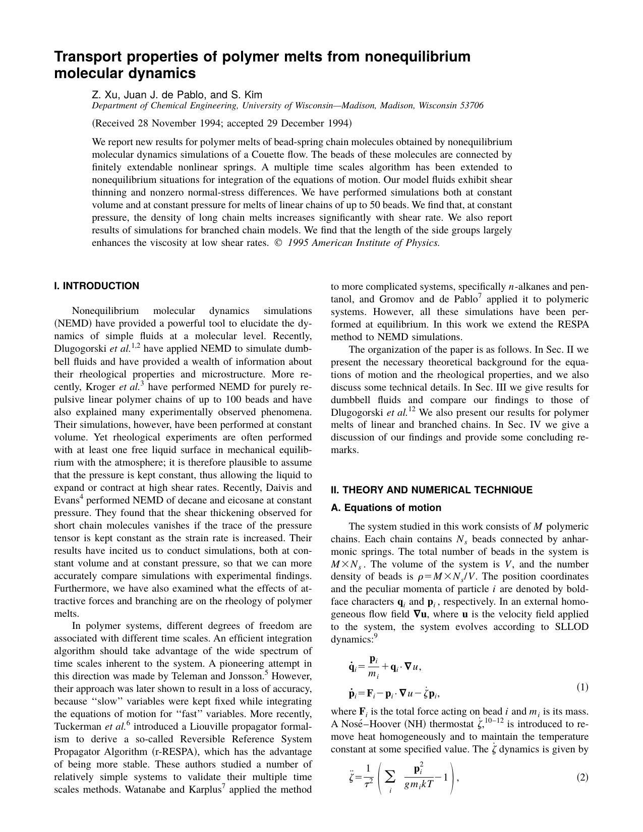 Transport properties of polymer melts from by Z. Xu & Juan J. de Pablo & and S. Kim