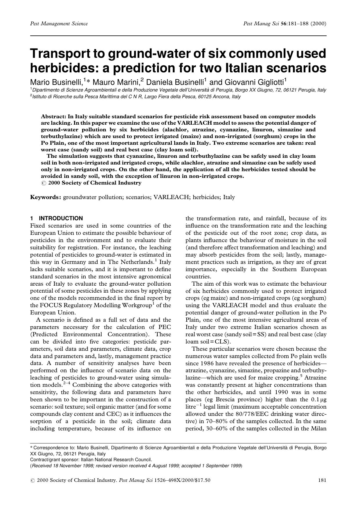 Transport to ground-water of six commonly used herbicides: a prediction for two Italian scenarios by Unknown