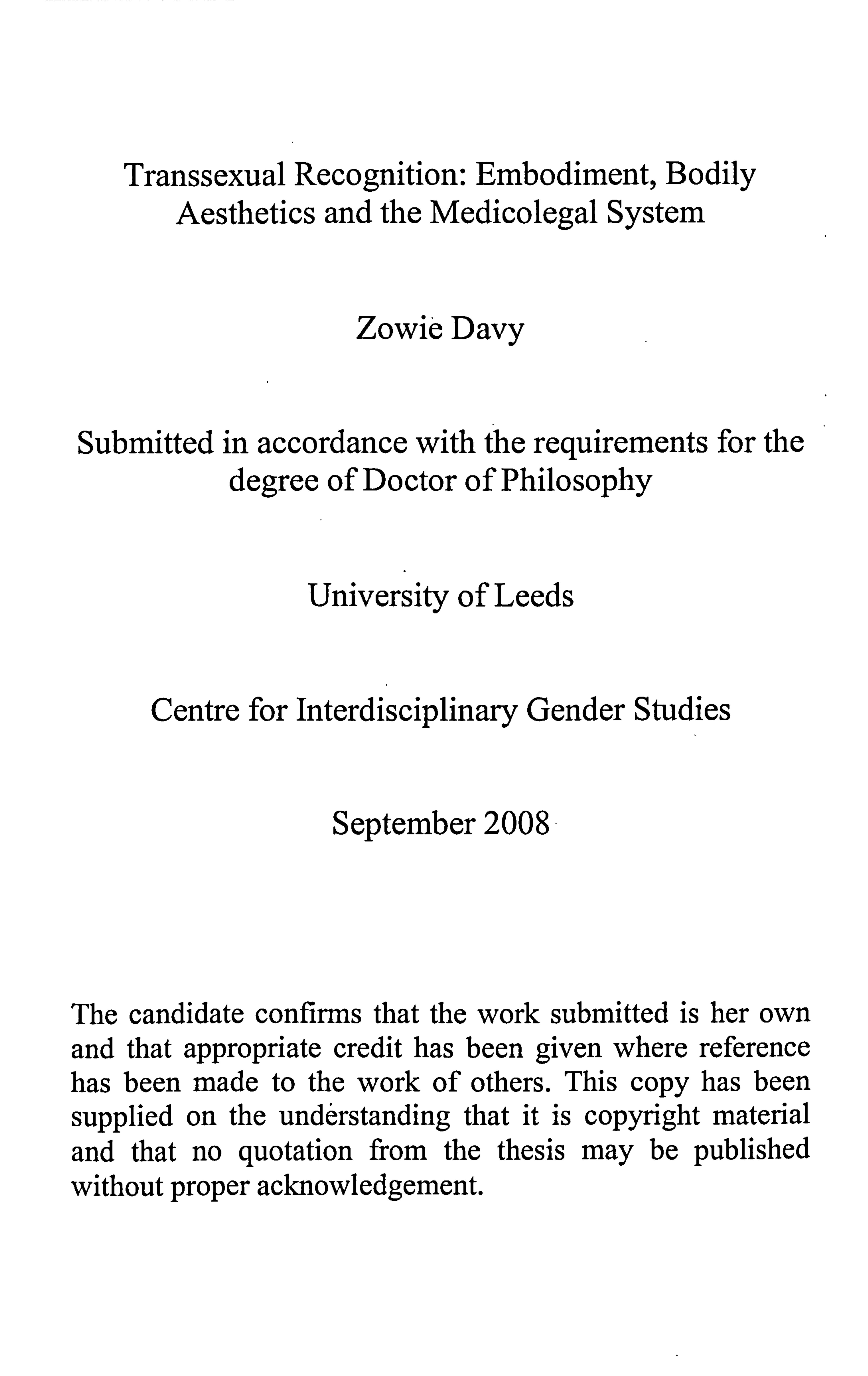 Transsexual recognition: embodiment, bodily aesthetics and the medicolegal system by Zowie Davy