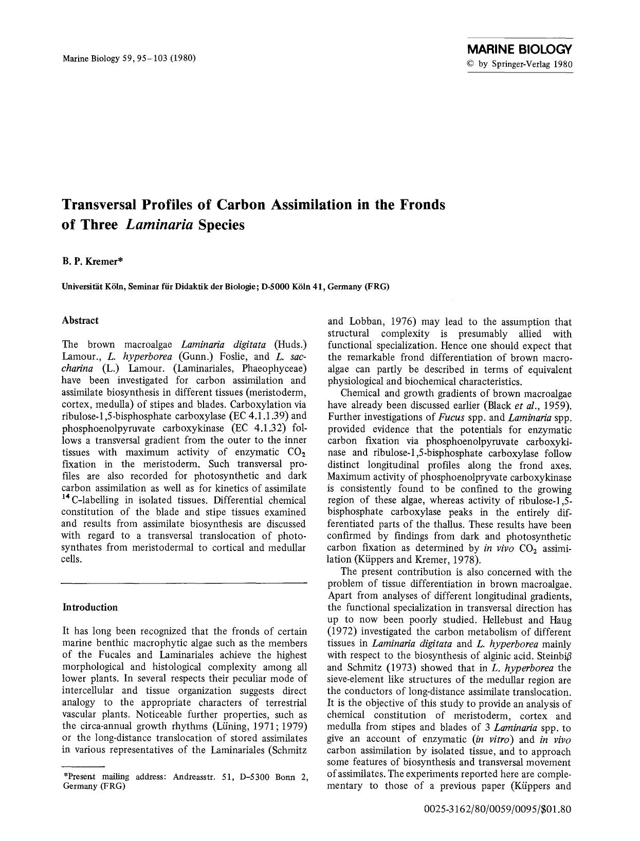 Transversal profiles of carbon assimilation in the fronds of three <Emphasis Type="Italic">Laminaria<Emphasis> species by Unknown