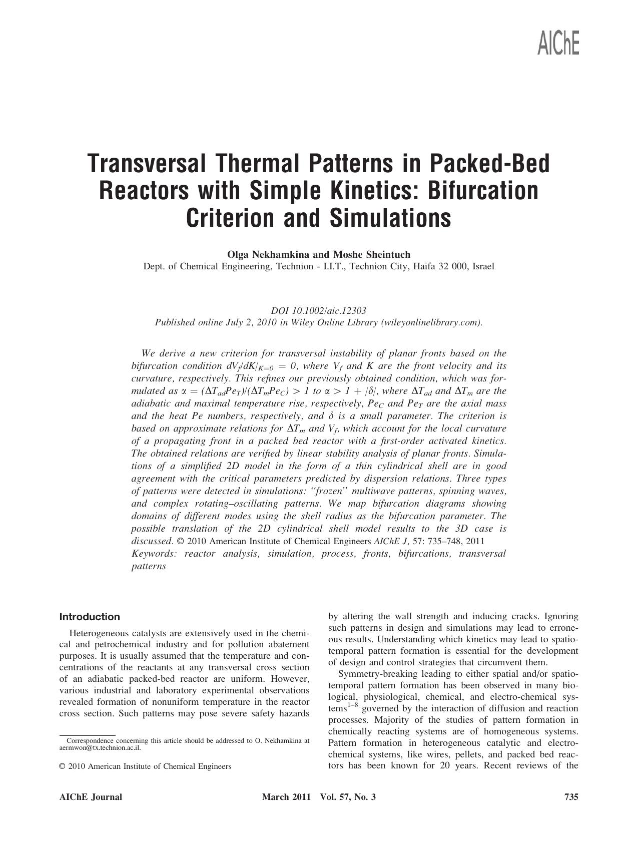 Transversal thermal patterns in packedbed reactors with simple kinetics: Bifurcation criterion and simulations by Unknown