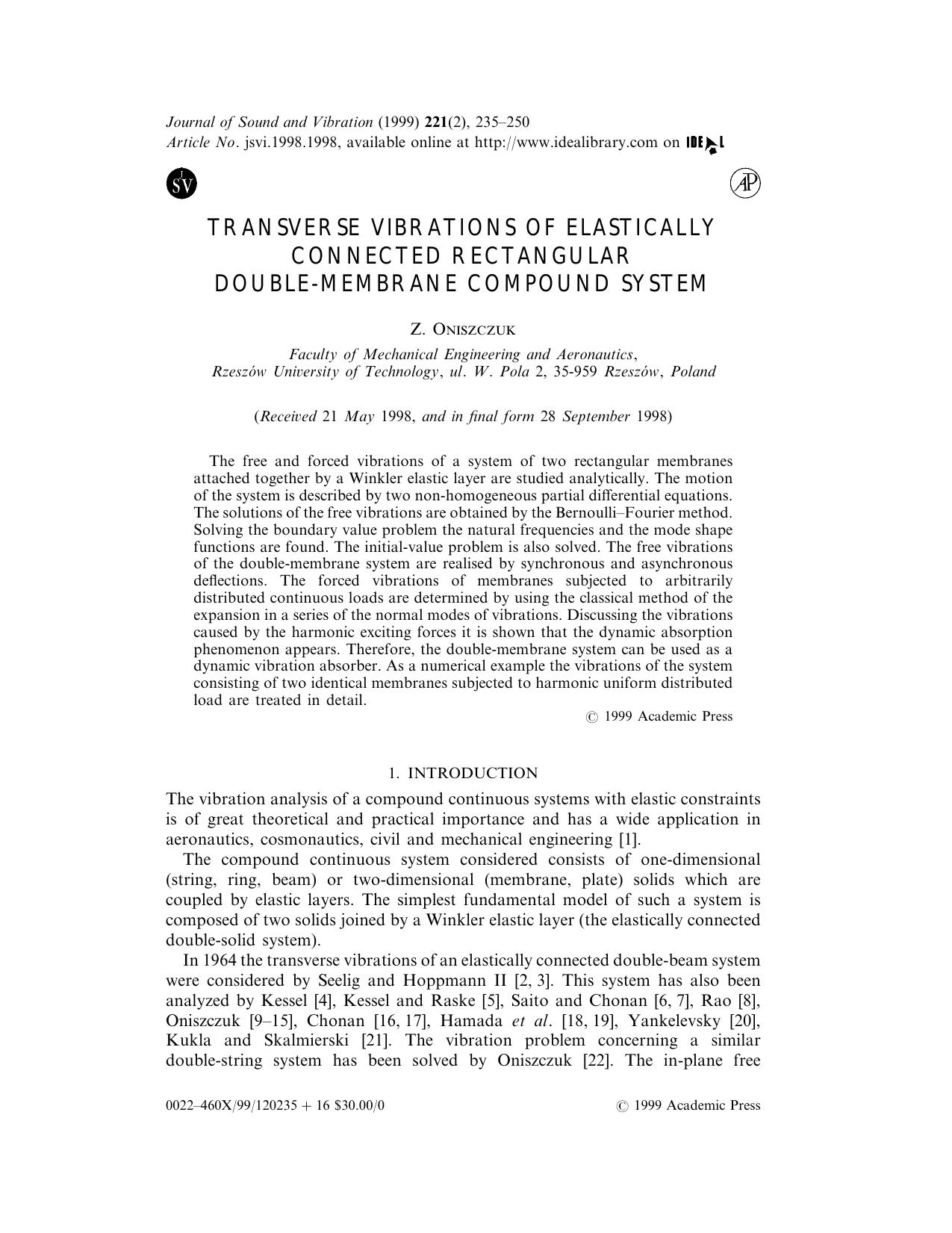 Transverse Vibrations of Elastically Connected Rectangular Double-Membrane Compound System by Oniszczuk Z