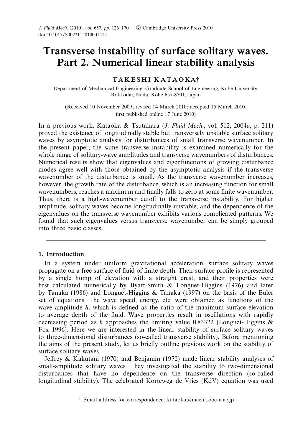 Transverse instability of surface solitary waves. Part 2. Numerical linear stability analysis by TAKESHI KATAOKA