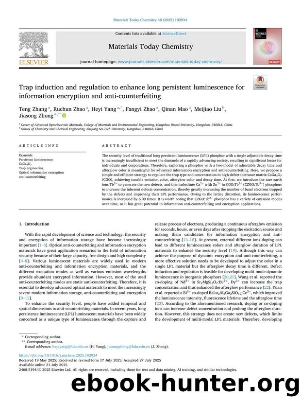 Trap induction and regulation to enhance long persistent luminescence for information encryption and anti-counterfeiting by Teng Zhang & Ruchun Zhao & Heyi Yang & Fangyi Zhao & Qinan Mao & Meijiao Liu & Jiasong Zhong