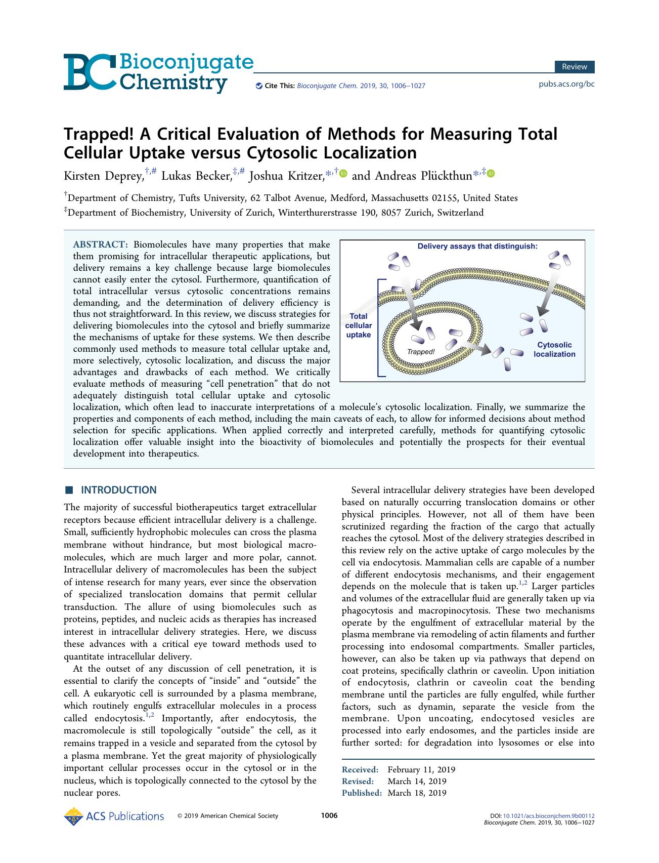 Trapped! A Critical Evaluation of Methods for Measuring Total Cellular Uptake versus Cytosolic Localization by unknow