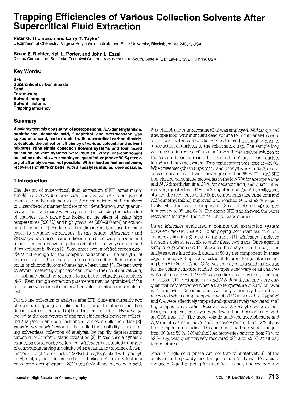 Trapping efficiencies of various collection solvents after supercritical fluid extraction by Unknown