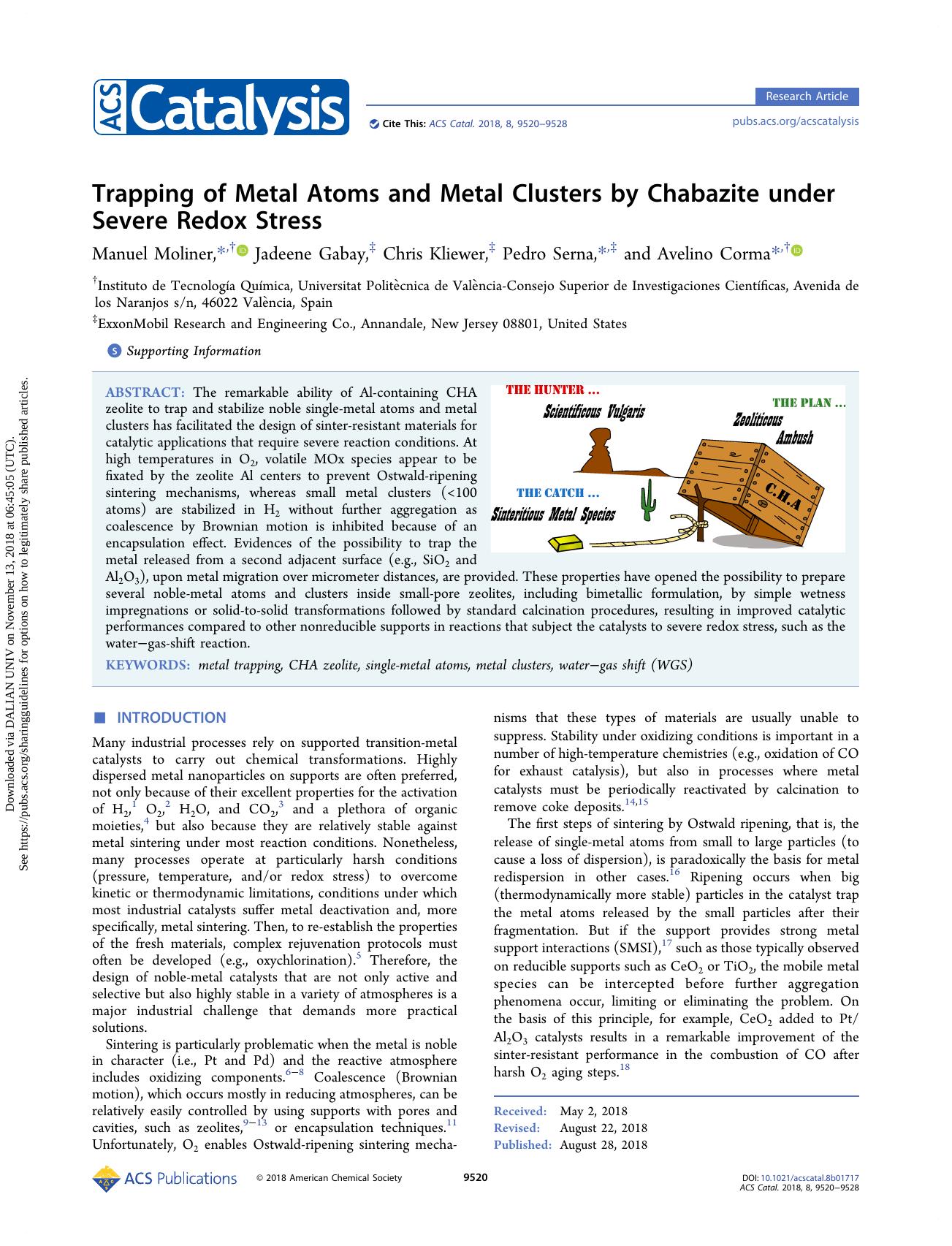 Trapping of Metal Atoms and Metal Clusters by Chabazite under Severe Redox Stress by Manuel Moliner & Jadeene Gabay & Chris Kliewer & Pedro Serna & Avelino Corma
