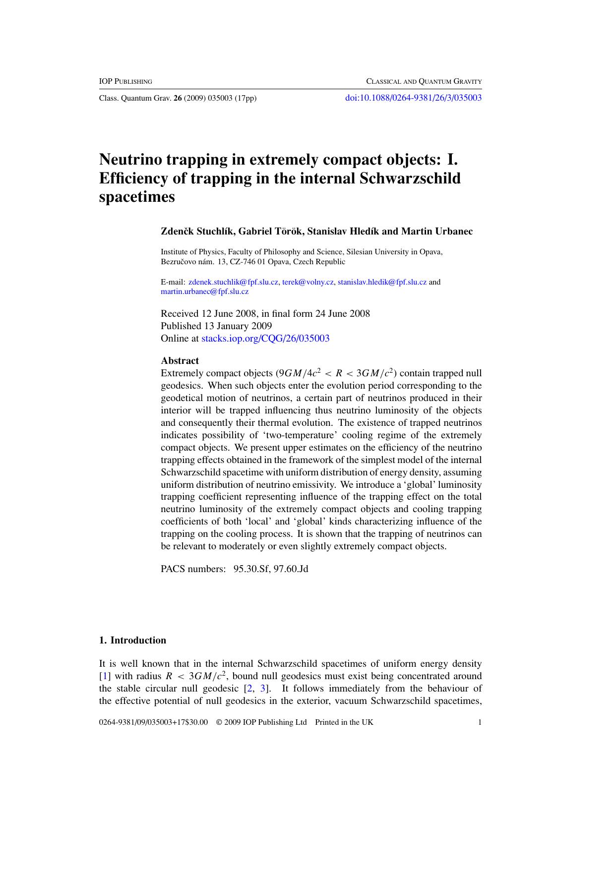 Trapping of neutrinos in extremely compact stars by Z StuchlÌk et al
