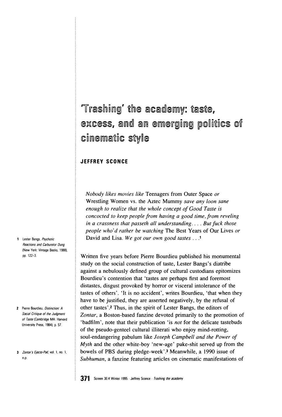 Trashing the Academy: Taste, Excess and an Emerging Politics of Cinematic Style by Jeffrey Sconce