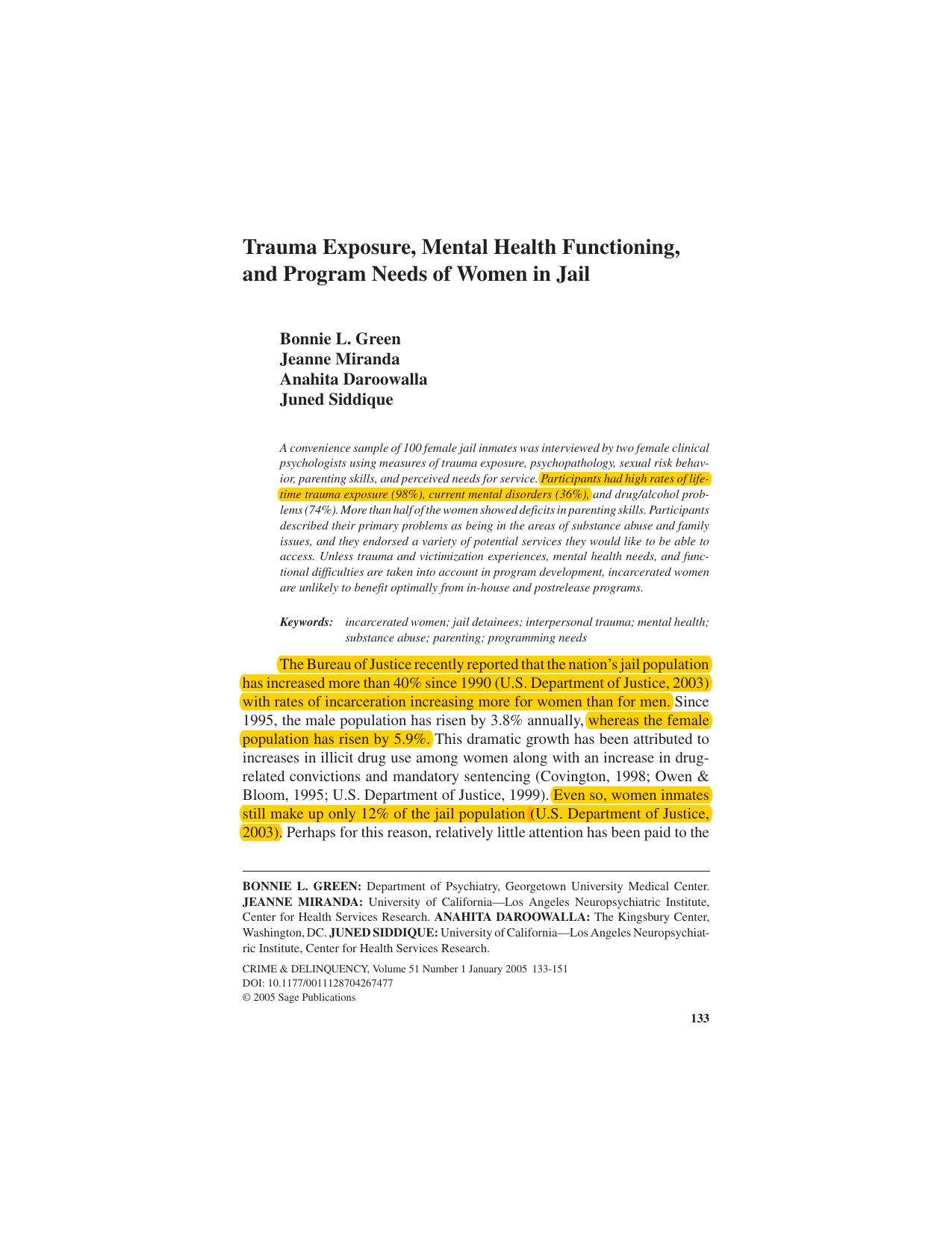 Trauma Exposure, Mental Health Functioning, and Program Needs of Women in Jail by coll