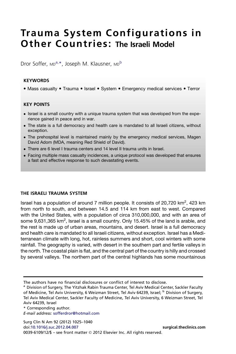 Trauma System Configurations in Other Countries by Dror Soffer MD; Joseph M. Klausner MD & Joseph M. Klausner MD