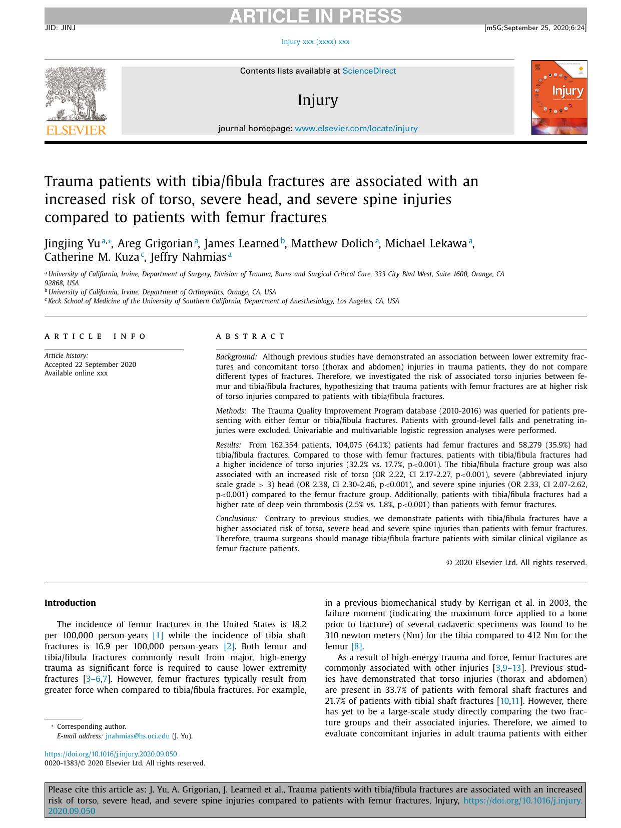 Trauma patients with tibiafibula fractures are associated with an increased risk of torso, severe head, and severe spine injuries compared to patients with femur fractures by unknow