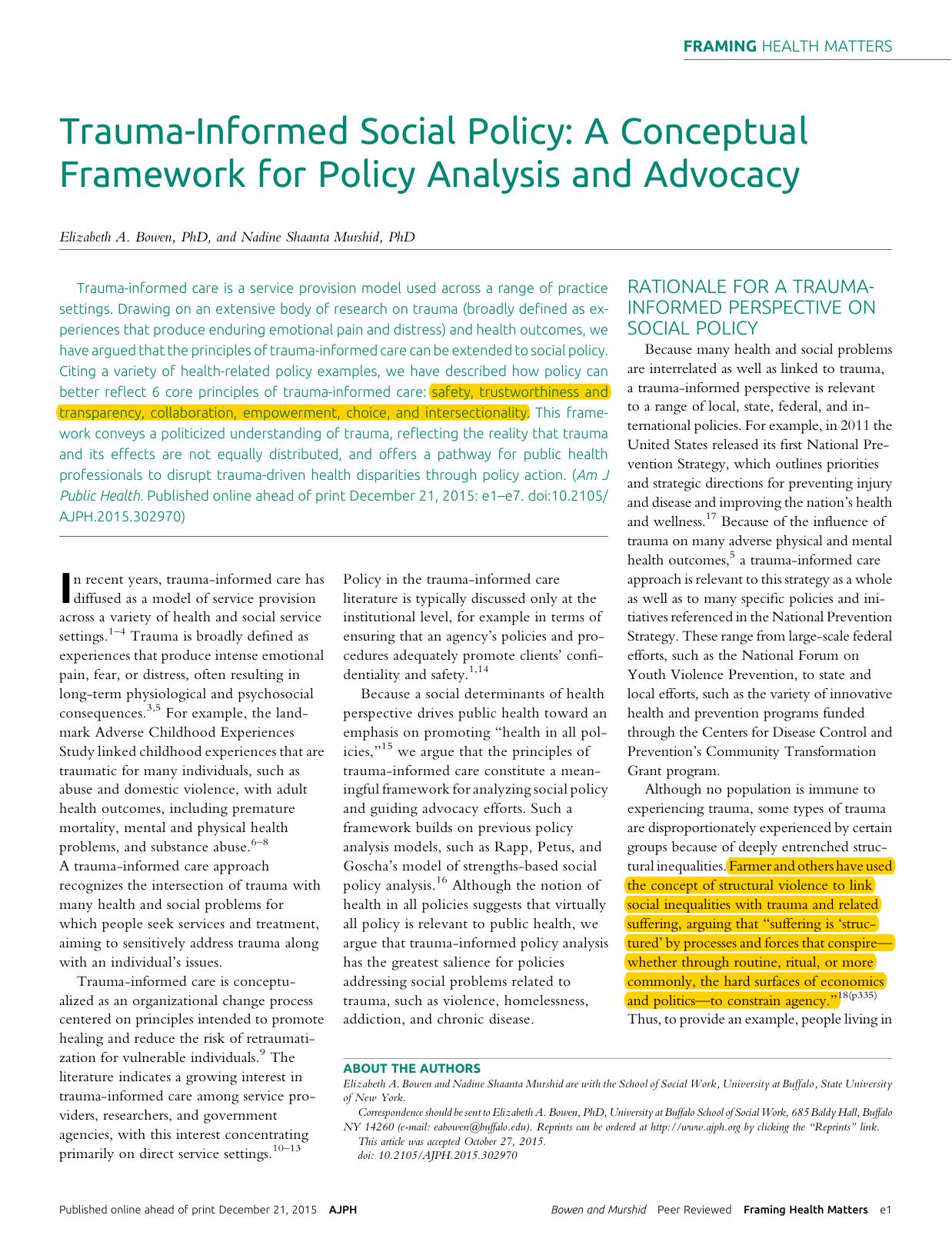 Trauma- Informed Social Policy: A Conceptual Framework for Policy Analysis and Advocacy [article] by Elizabeth A. Bown