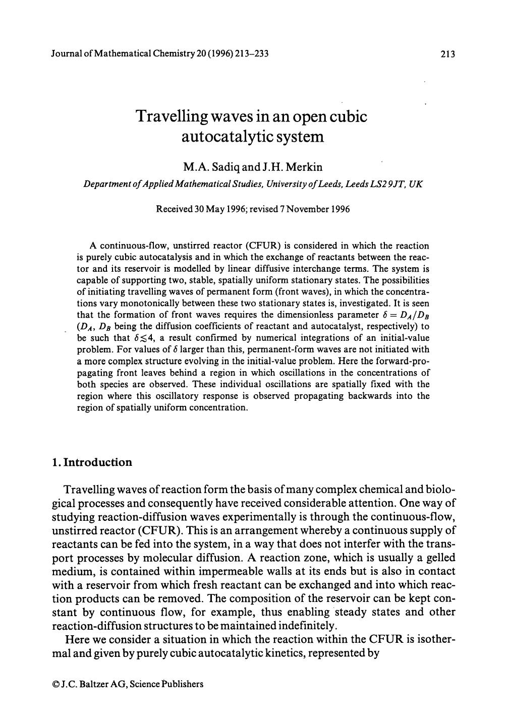 Travelling waves in an open cubic autocatalytic system by Unknown