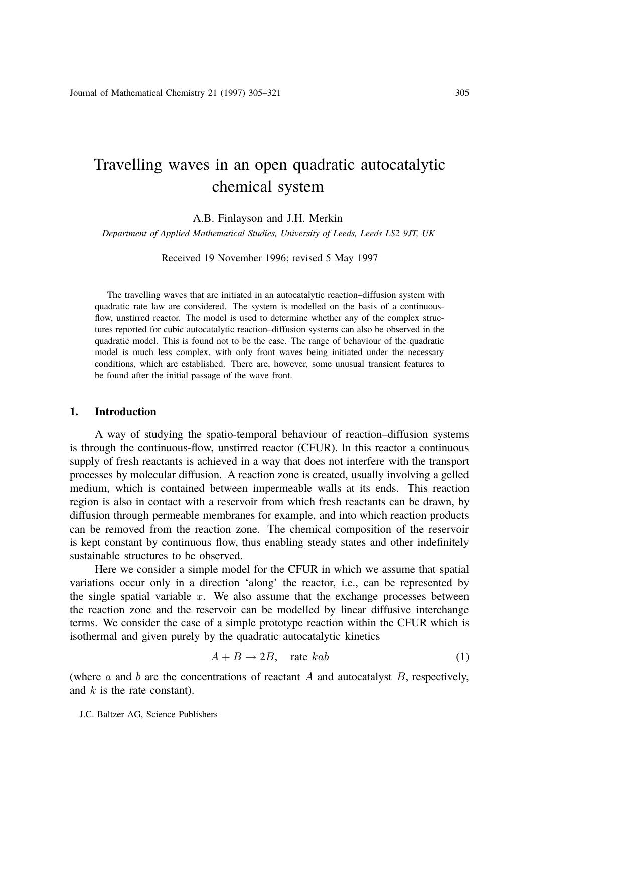 Travelling waves in an open quadratic autocatalytic chemical system by Unknown
