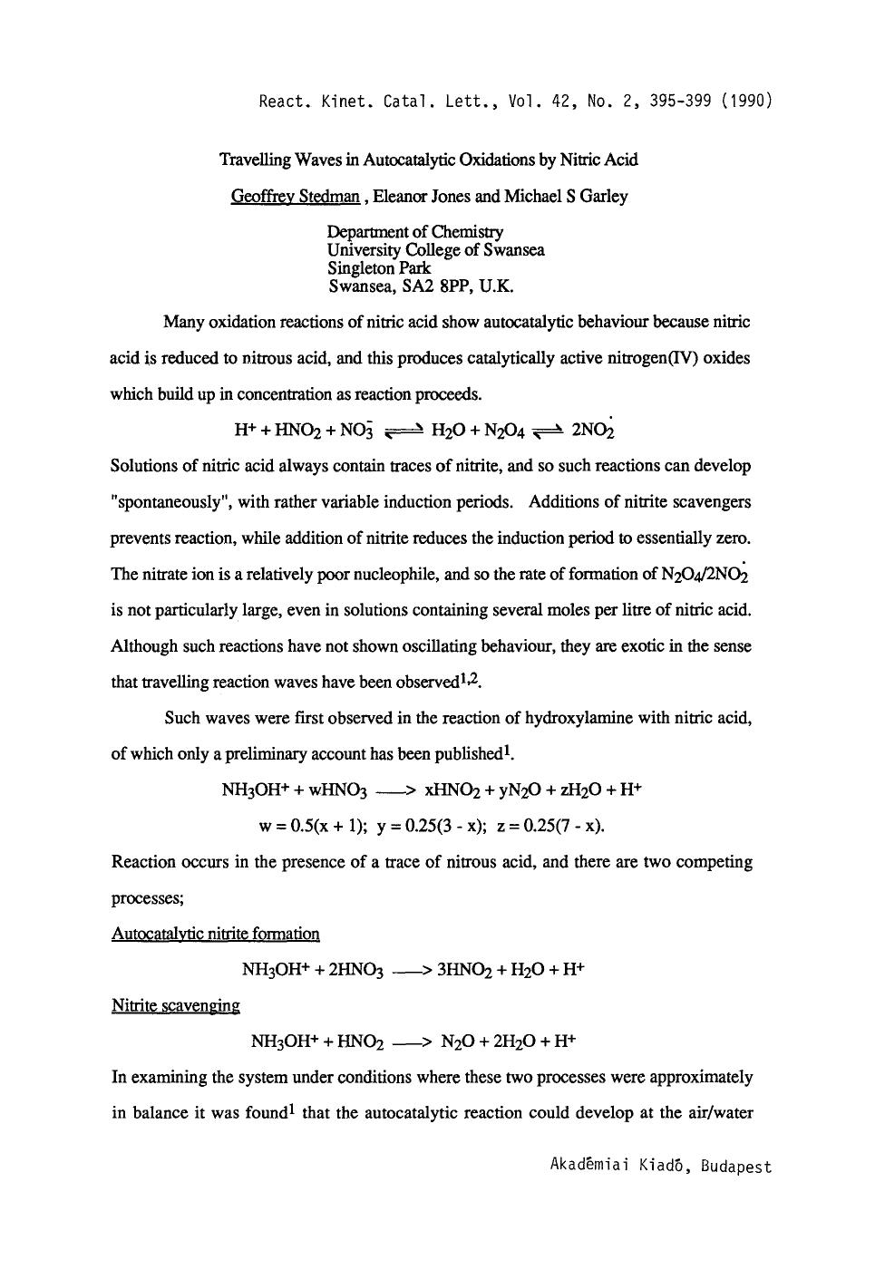 Travelling waves in autocatalytic oxidations by nitric acid by Unknown