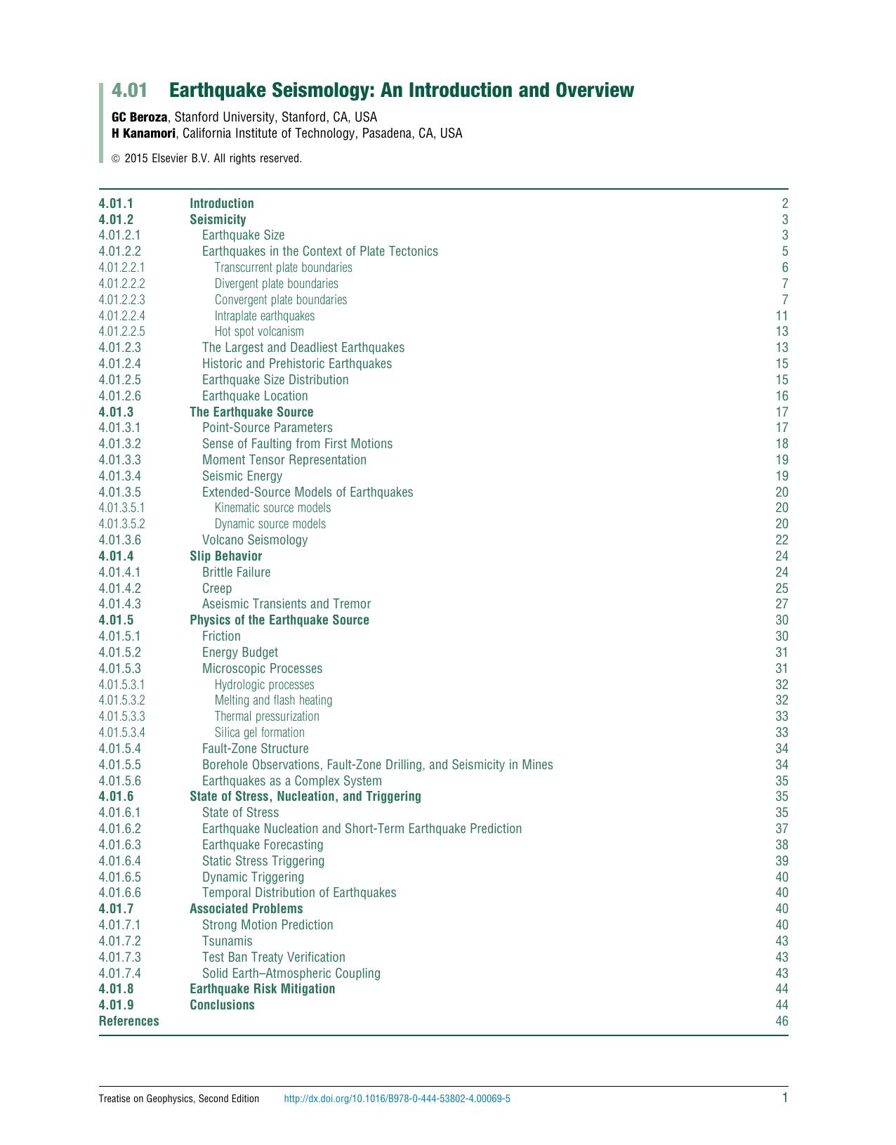 Treatise on Geophysics: Earthquake Seismology by Hiroo Kanamori; Gerald Schubert (eds.)