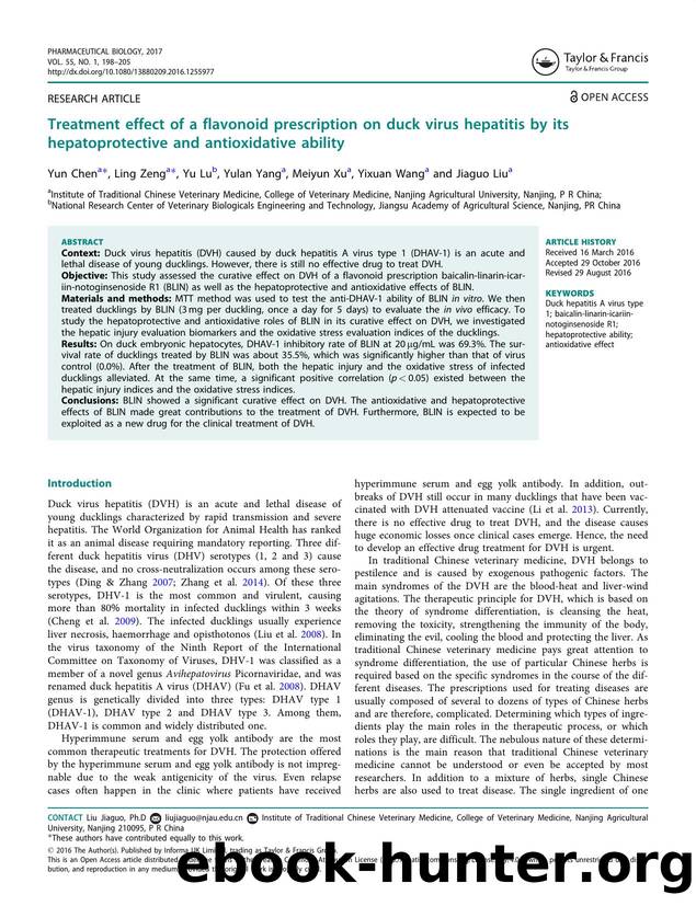 Treatment effect of a flavonoid prescription on duck virus hepatitis by its hepatoprotective and antioxidative ability by Chen Yun & Zeng Ling & Lu Yu & Yang Yulan & Xu Meiyun & Wang Yixuan & Liu Jiaguo