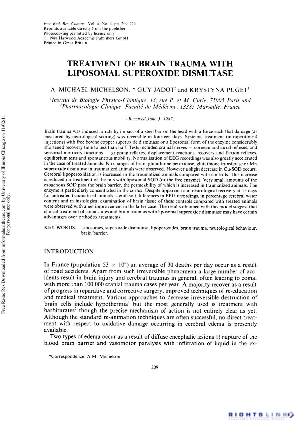 Treatment of Brain Trauma with Liposomal Superoxide Dismutase by A. Michael Michelson1† Guy Jadot2 & Krystyna Puget1