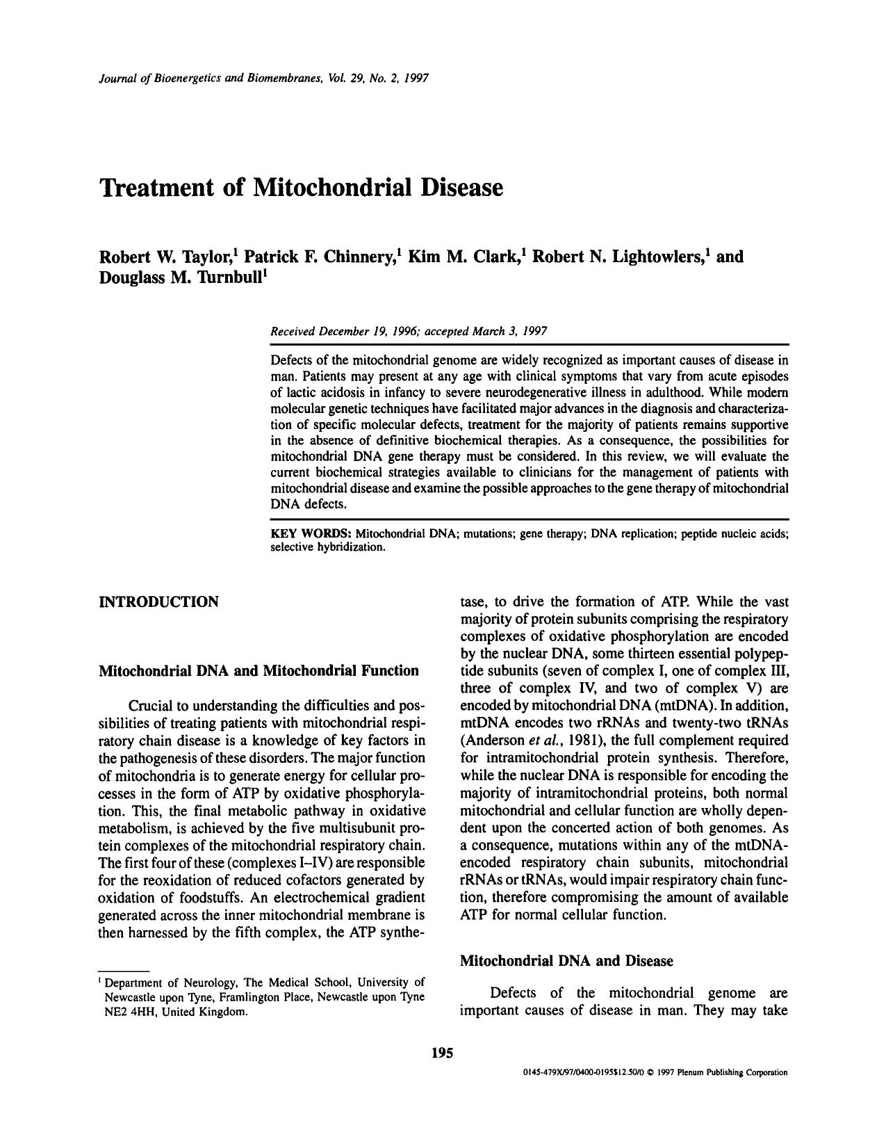 Treatment of Mitochondrial Disease by Unknown