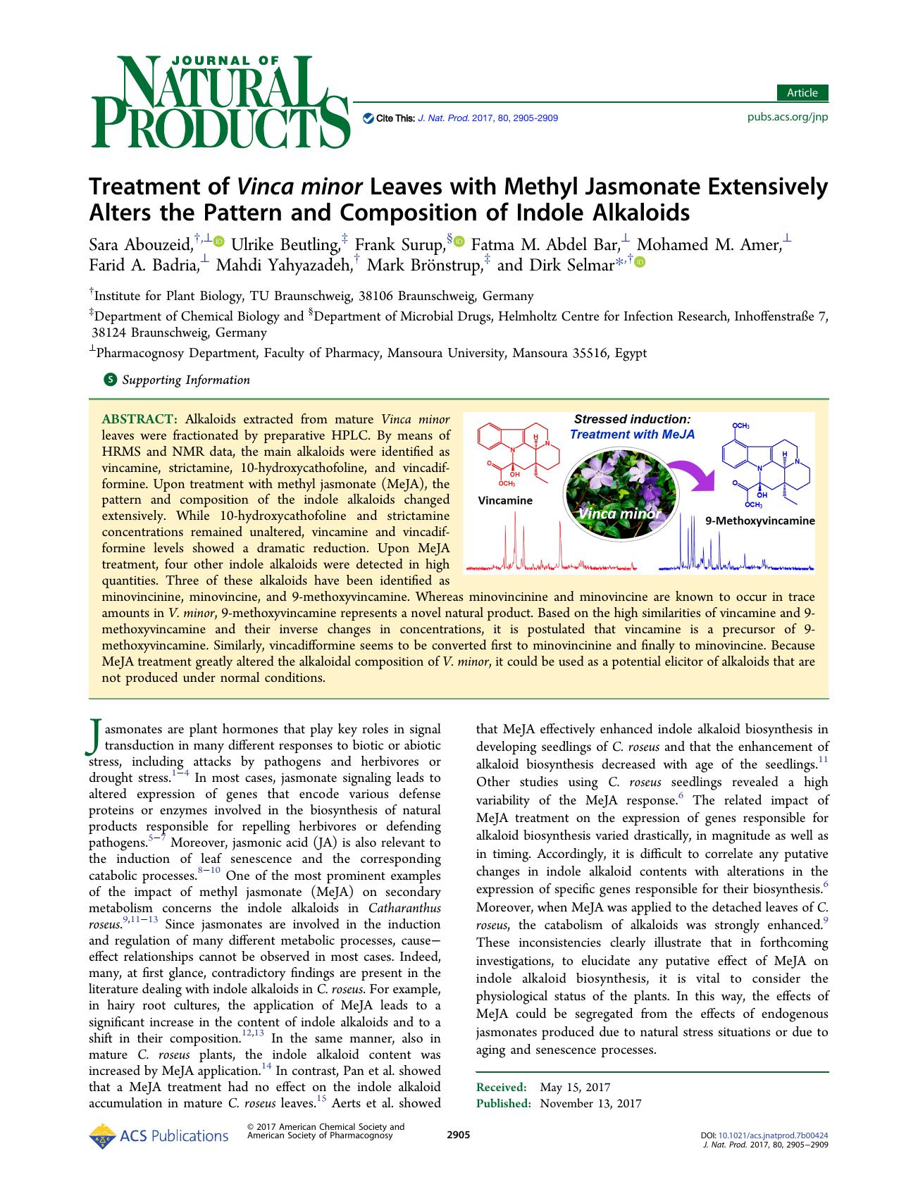 Treatment of Vinca minor Leaves with Methyl Jasmonate Extensively Alters the Pattern and Composition of Indole Alkaloids by unknow