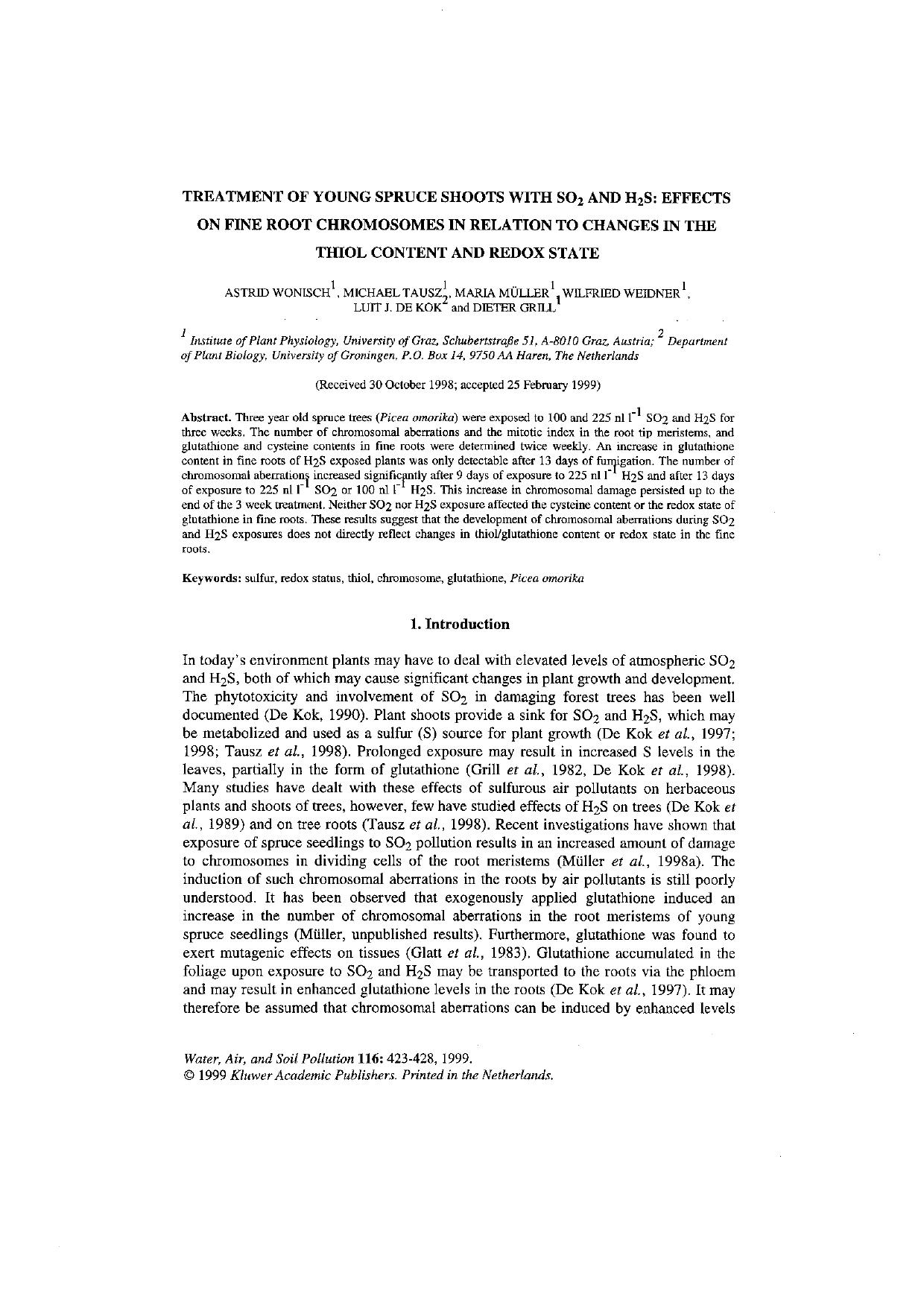 Treatment of Young Spruce Shoots with SO2 and H2S: Effects on Fine Root Chromosomes in Relation to Changes in the Thiol Content and Redox State by Unknown