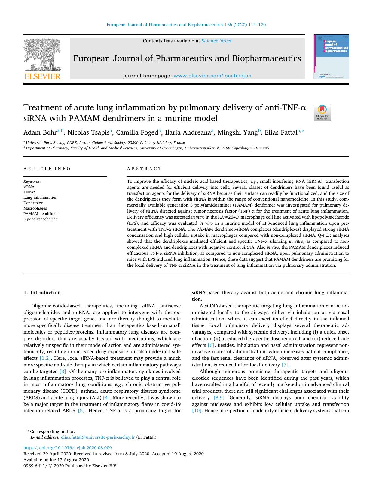 Treatment of acute lung inflammation by pulmonary delivery of anti-TNF-Î± siRNA with PAMAM dendrimers in a murine model by Adam Bohr & Nicolas Tsapis & Camilla Foged & Ilaria Andreana & Mingshi Yang & Elias Fattal
