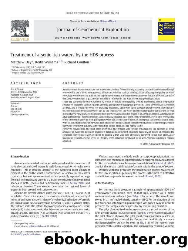 Treatment of arsenic rich waters by the HDS process by Matthew Dey; Keith Williams; Richard Coulton
