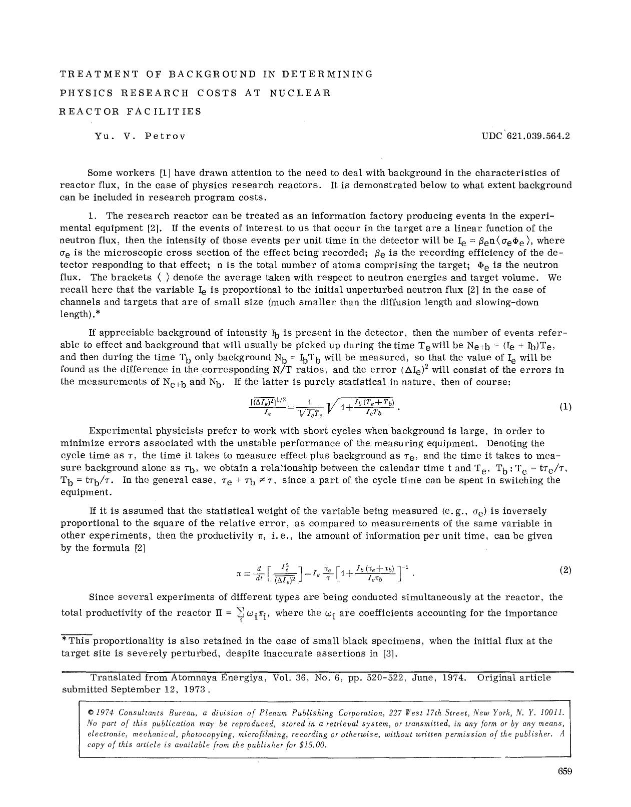 Treatment of background in determining physics research costs at nuclear reactor facilities by Unknown