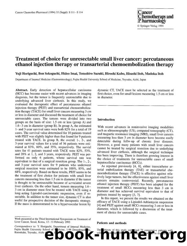 Treatment of choice for unresectable small liver cancer: percutaneous ethanol injection therapy or transarterial chemoembolization therapy by Unknown