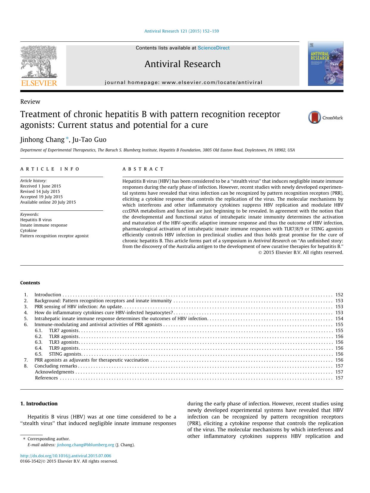 Treatment of chronic hepatitis B with pattern recognition receptor agonists: Current status and potential for a cure by Jinhong Chang & Ju-Tao Guo