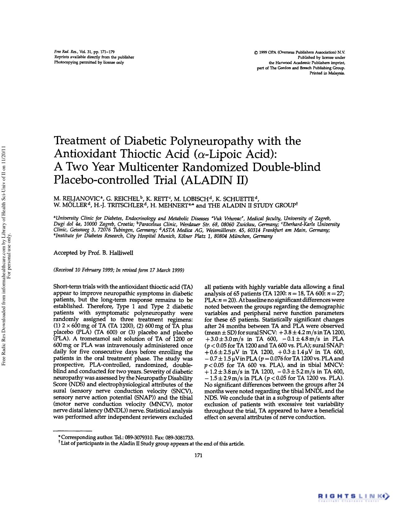 Treatment of diabetic polyneuropathy with the antioxidant thioctic acid (Î±-lipoic acid): A two year multicenter randomized double-blind placebo-controlled trial (ALADIN II) by unknow