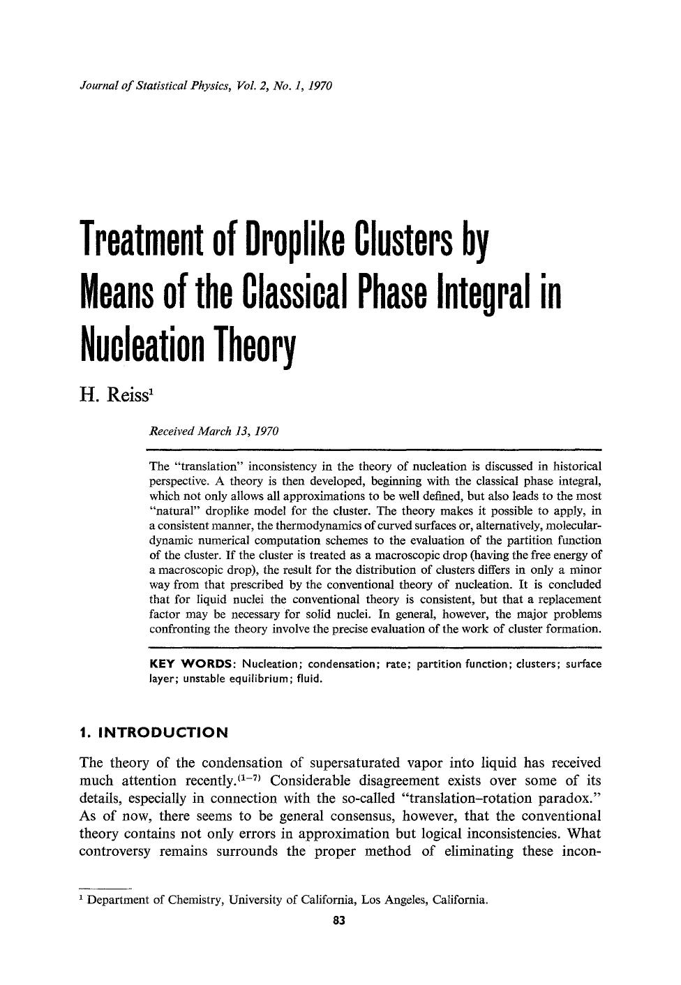 Treatment of droplike clusters by means of the classical phase integral in nucleation theory by Unknown
