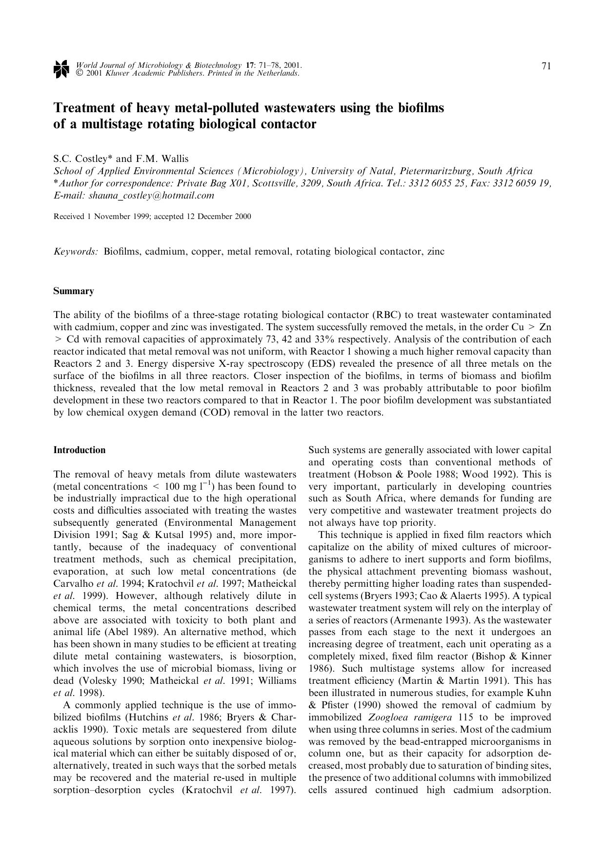 Treatment of heavy metal-polluted wastewaters using the biofilms of a multistage rotating biological contactor by Unknown