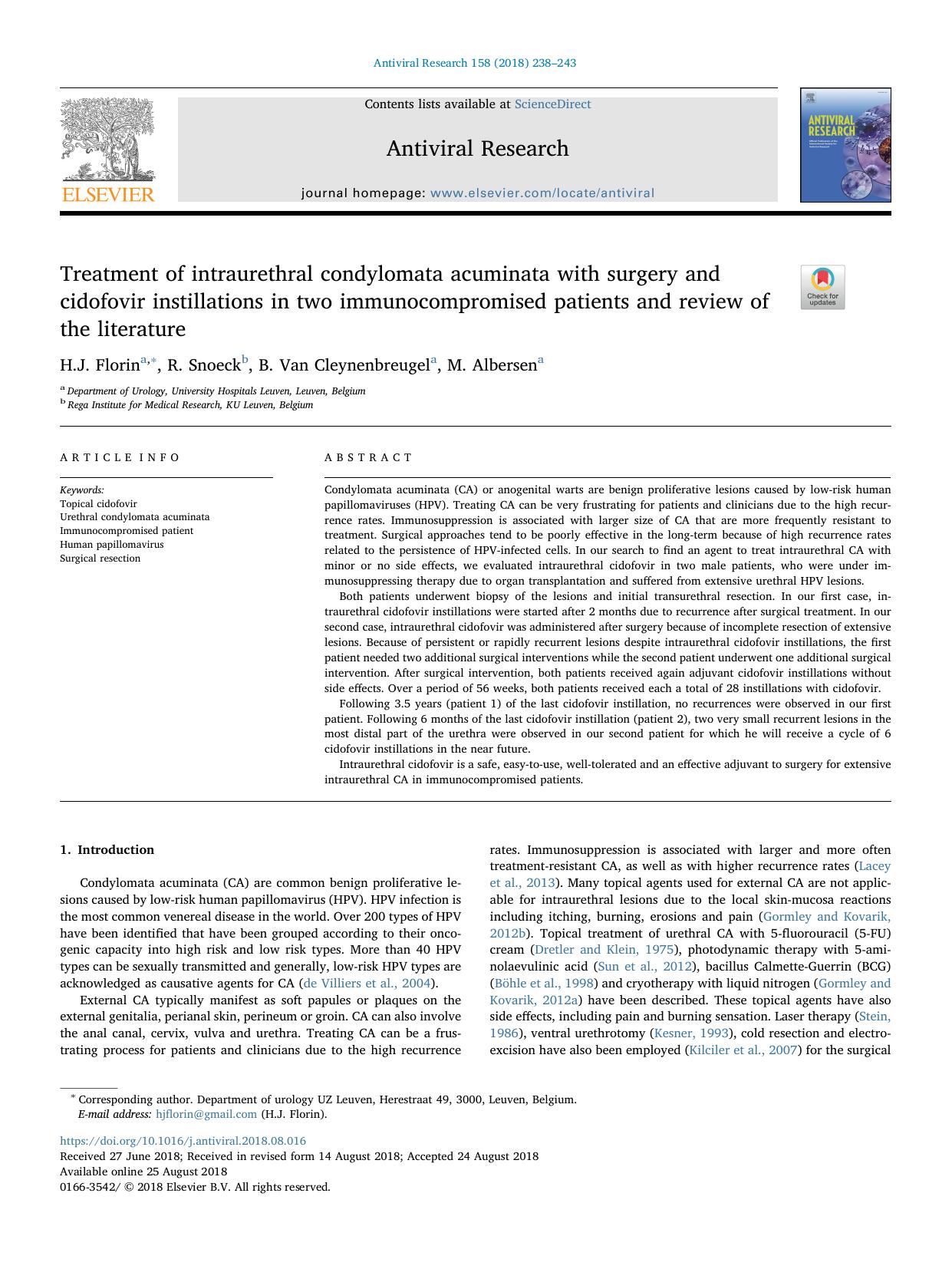Treatment of intraurethral condylomata acuminata with surgery and cidofovir instillations in two immunocompromised patients and review of the literature by H.J. Florin & R. Snoeck & B. Van Cleynenbreugel & M. Albersen