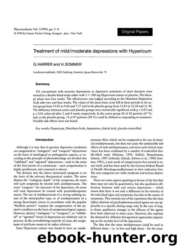 Treatment of mildmoderate depressions with Hypericum by G. Harrer & H. Sommer