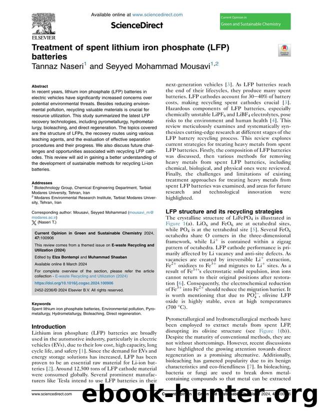 Treatment of spent lithium iron phosphate (LFP) batteries by Tannaz Naseri & Seyyed Mohammad Mousavi