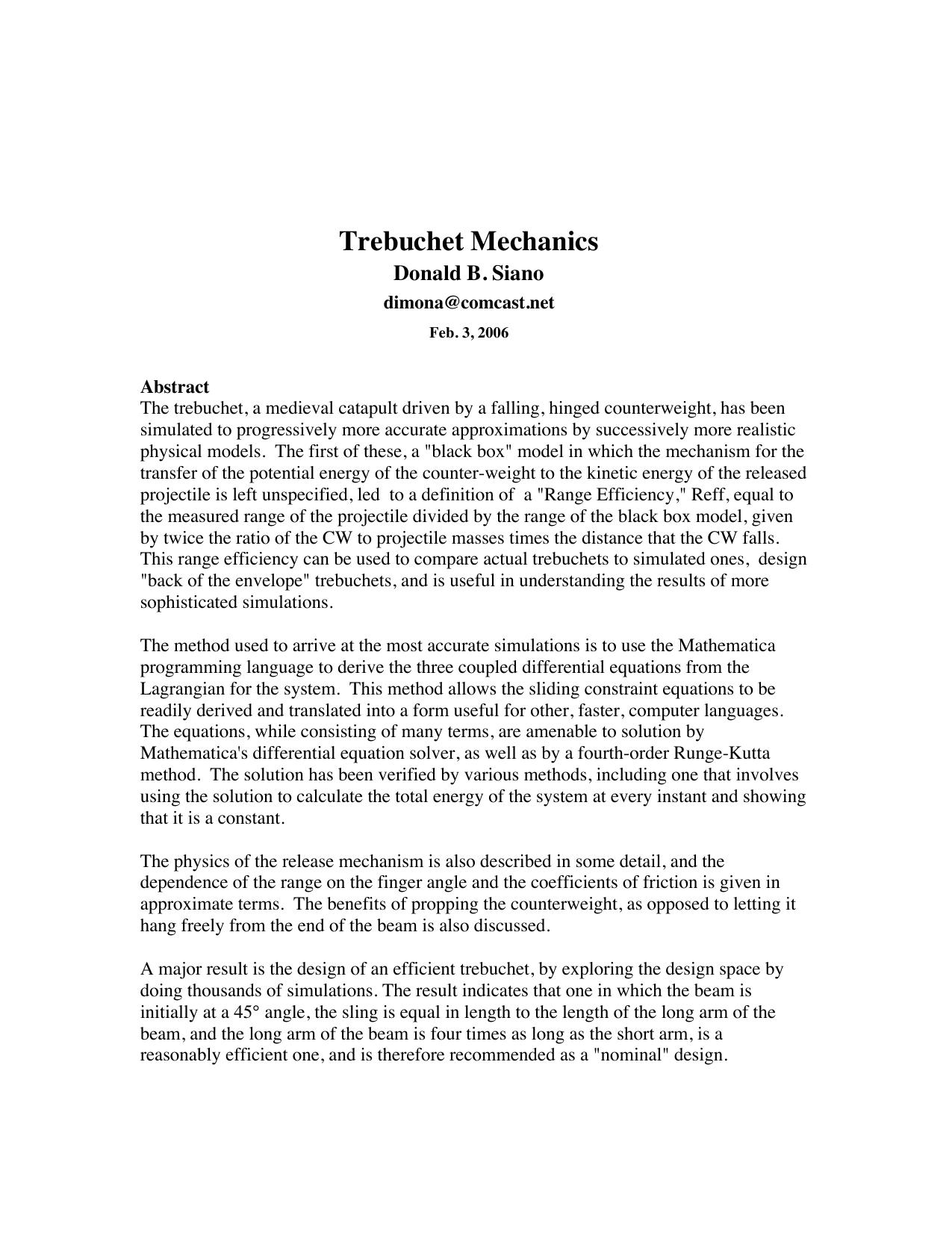 Trebuchet mechanics by Siano Donald B