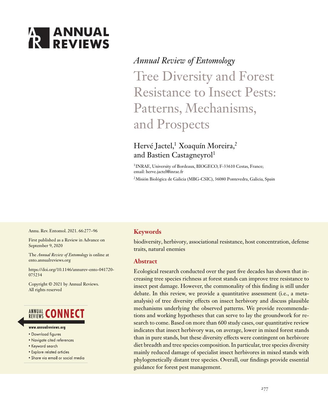 Tree Diversity and Forest Resistance to Insect Pests: Patterns, Mechanisms, and Prospects by Hervé Jactel Xoaquín Moreira Bastien Castagneyrol