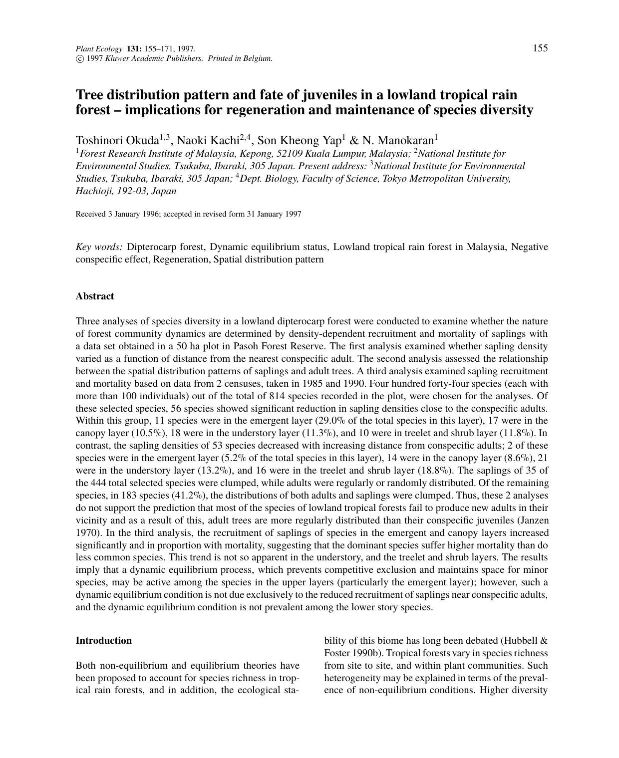 Tree distribution pattern and fate of juveniles in a lowland tropical rain forest – implications for regeneration and maintenance of species diversity by Unknown