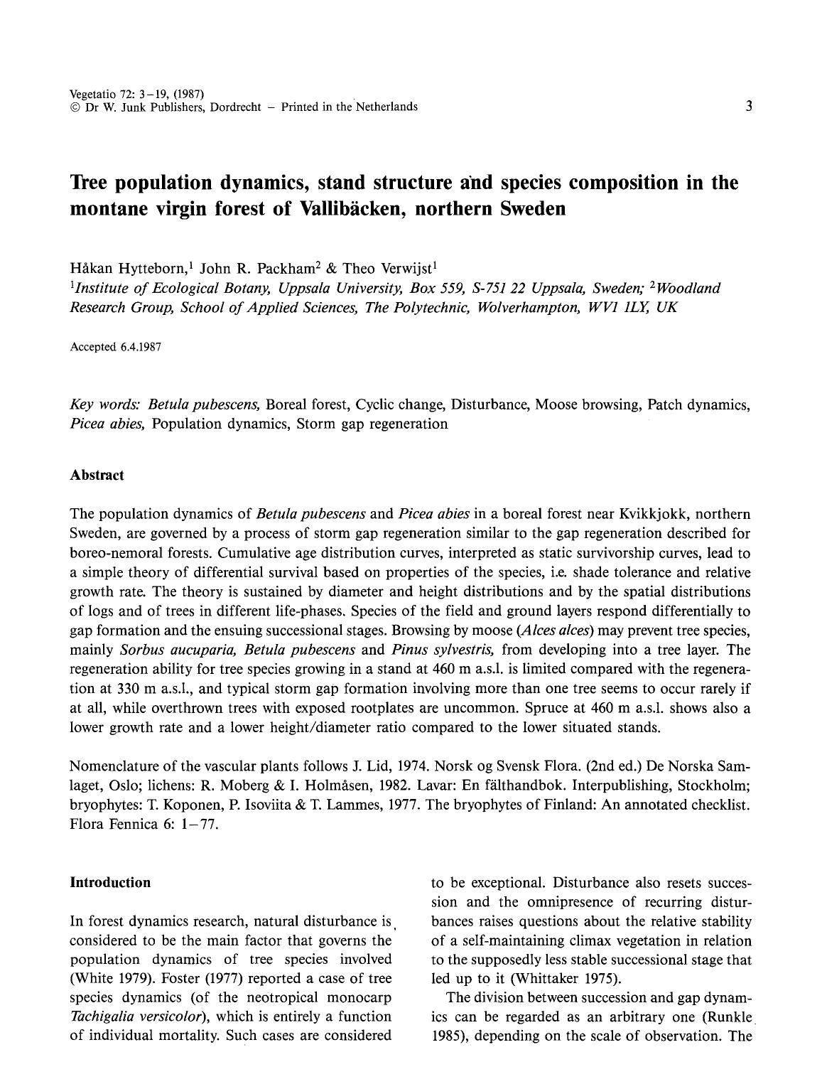 Tree population dynamics, stand structure and species composition in the montane virgin forest of Vallibäcken, northern Sweden by Unknown