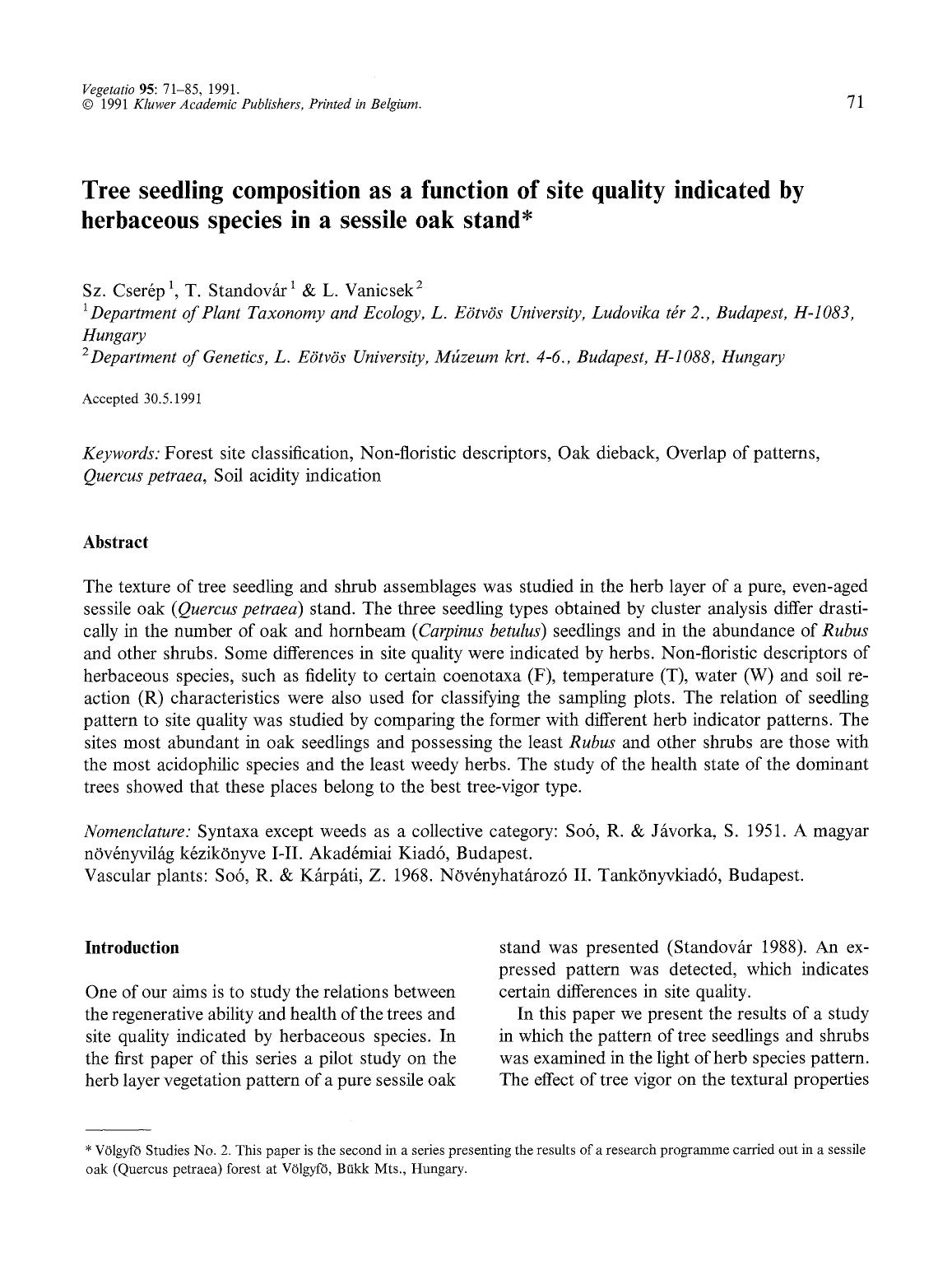 Tree seedling composition as a function of site quality indicated by herbaceous species in a sessile oak stand by Unknown