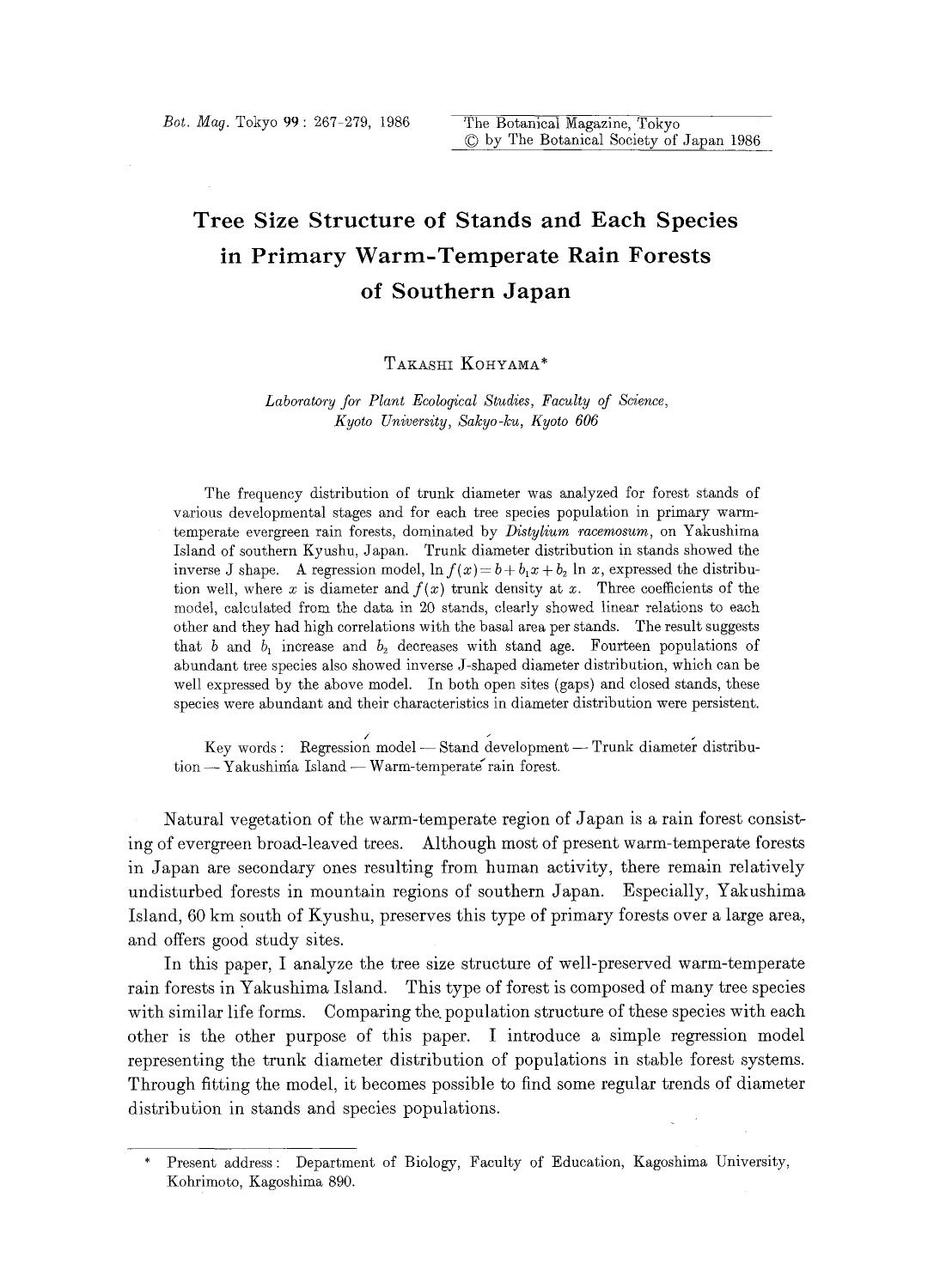 Tree size structure of stands and each species in primary warm-temperate rain forests of Southern Japan by Unknown
