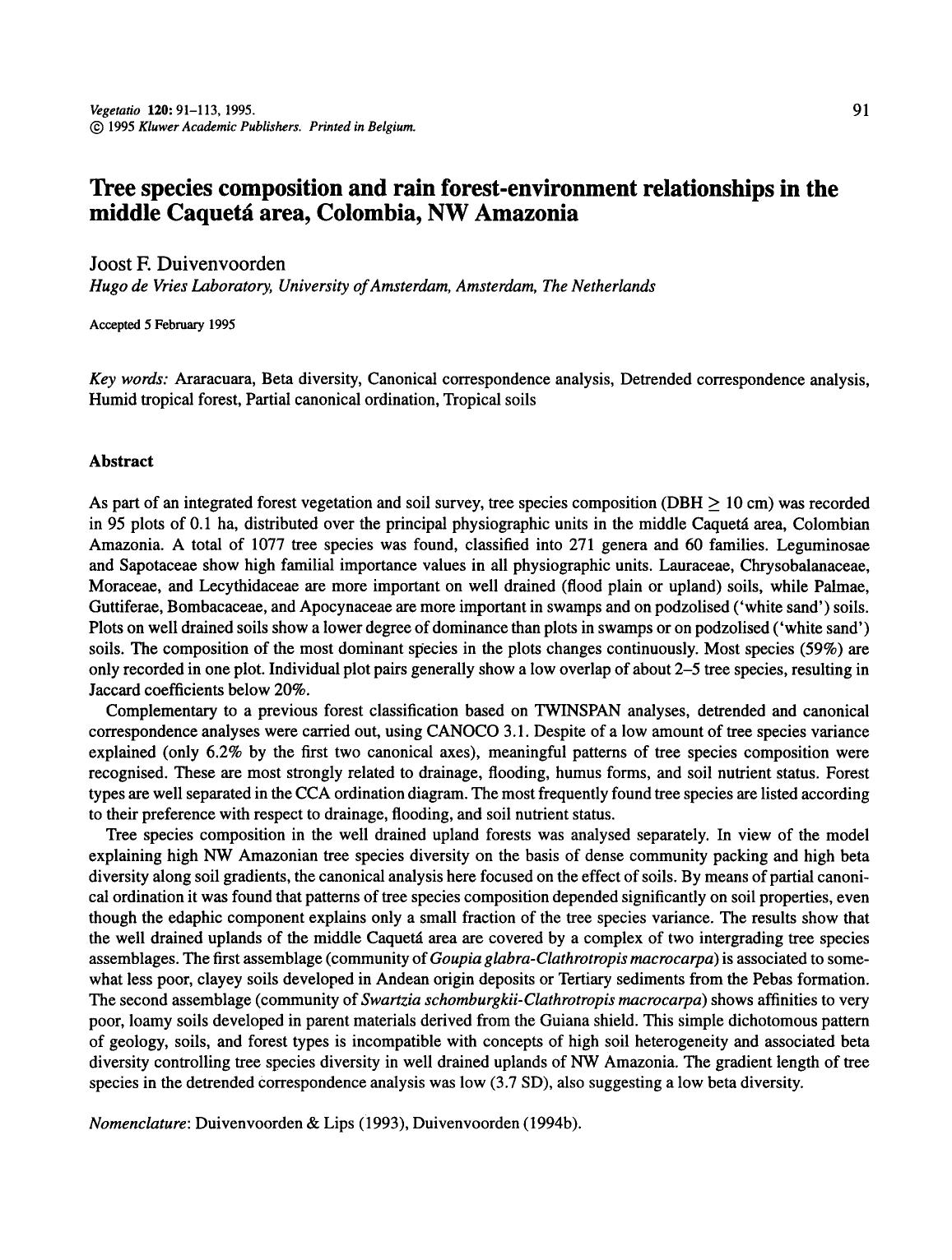 Tree species composition and rain forest-environment relationships in the middle Caquetá area, Colombia, NW Amazonia by Unknown